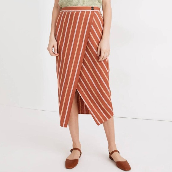 Madewell Linen Cotton Blend Overlay Wrap Midi Skirt Size XL Stripe Orange Rust - Picture 1 of 9